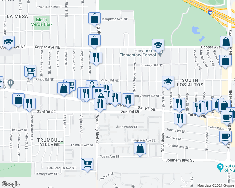 map of restaurants, bars, coffee shops, grocery stores, and more near 109 General Arnold Street Northeast in Albuquerque