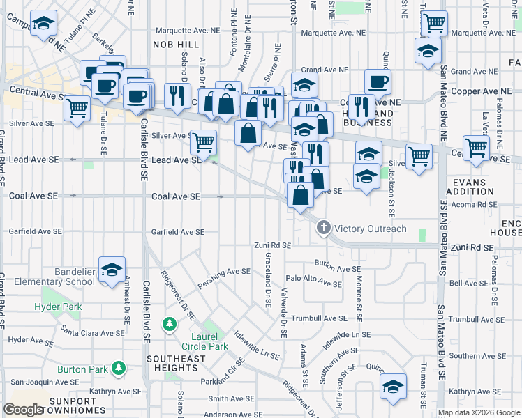 map of restaurants, bars, coffee shops, grocery stores, and more near 433 Graceland Drive Southeast in Albuquerque