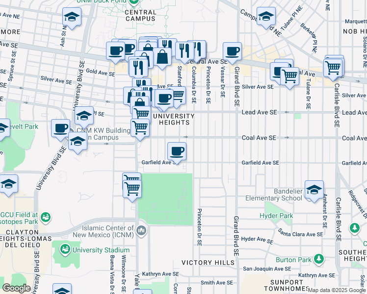 map of restaurants, bars, coffee shops, grocery stores, and more near 415 Stanford Drive Southeast in Albuquerque