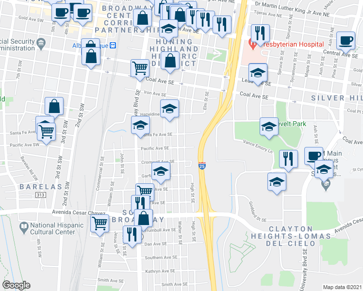 map of restaurants, bars, coffee shops, grocery stores, and more near 905 High Street Southeast in Albuquerque