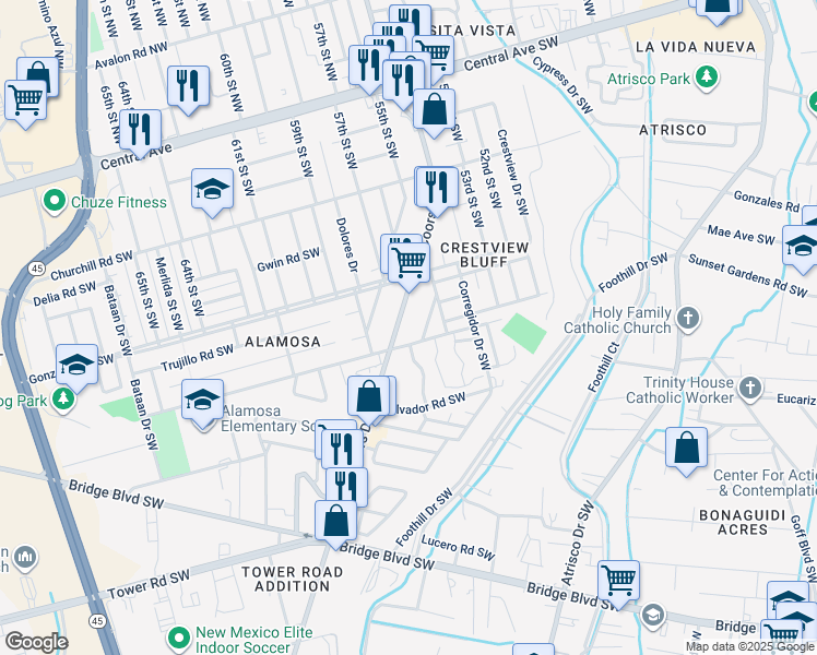 map of restaurants, bars, coffee shops, grocery stores, and more near 656 Old Coors Drive Southwest in Albuquerque
