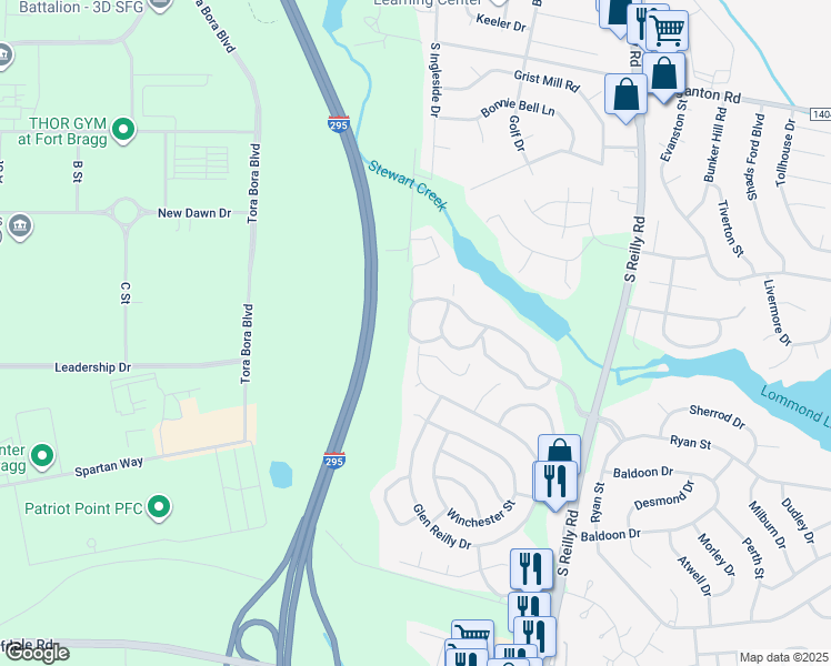 map of restaurants, bars, coffee shops, grocery stores, and more near 6821 Willowbrook Drive in Fayetteville