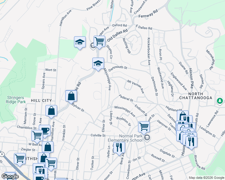 map of restaurants, bars, coffee shops, grocery stores, and more near 724 Federal Street in Chattanooga