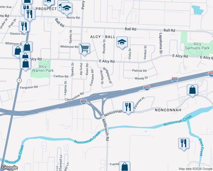 map of restaurants, bars, coffee shops, grocery stores, and more near 2580 Rozelle Street in Memphis
