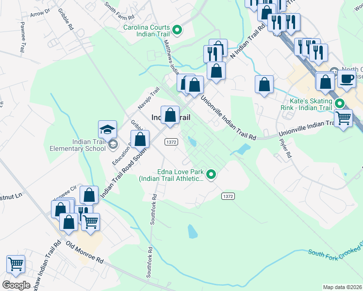 map of restaurants, bars, coffee shops, grocery stores, and more near 127 Park Road East in Indian Trail