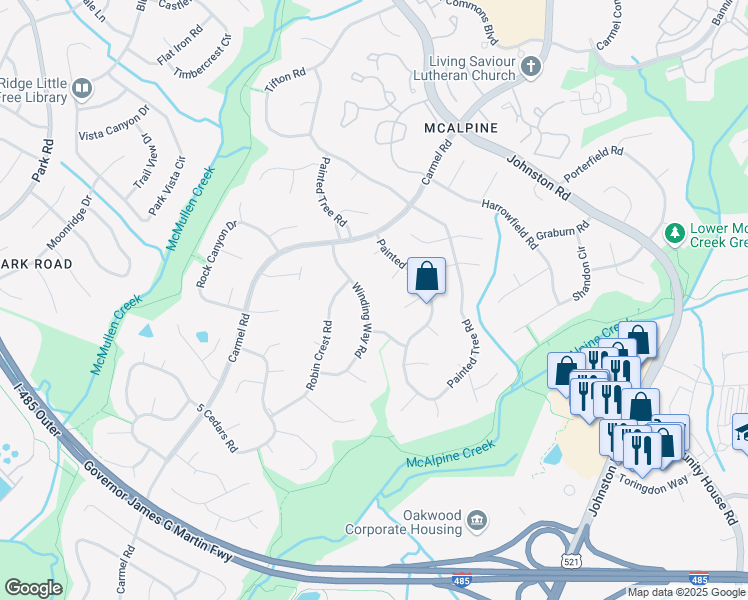 map of restaurants, bars, coffee shops, grocery stores, and more near 11301 Winding Way Road in Charlotte