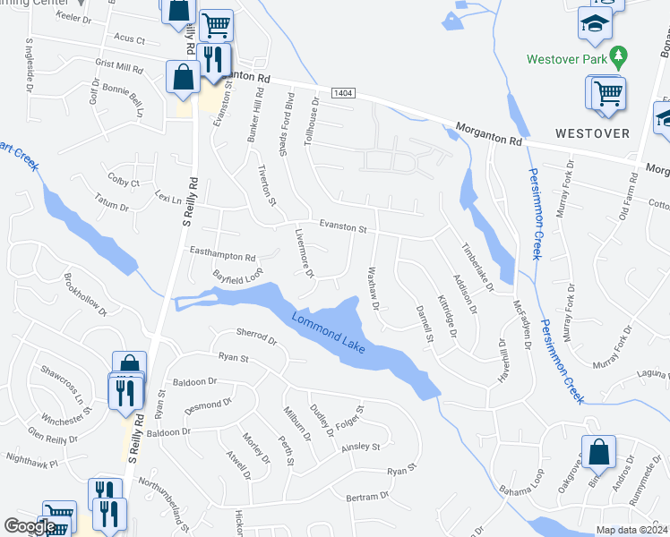 map of restaurants, bars, coffee shops, grocery stores, and more near 226 Livermore Drive in Fayetteville