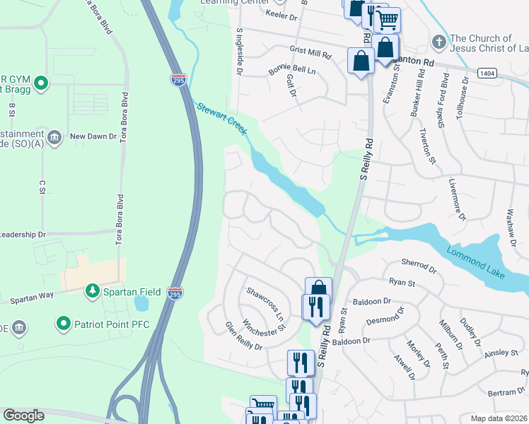 map of restaurants, bars, coffee shops, grocery stores, and more near 1010 Wood Creek Drive in Fayetteville