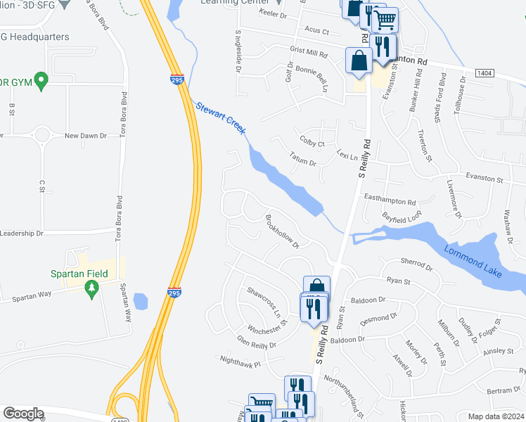 map of restaurants, bars, coffee shops, grocery stores, and more near 1000 Wood Creek Drive in Fayetteville