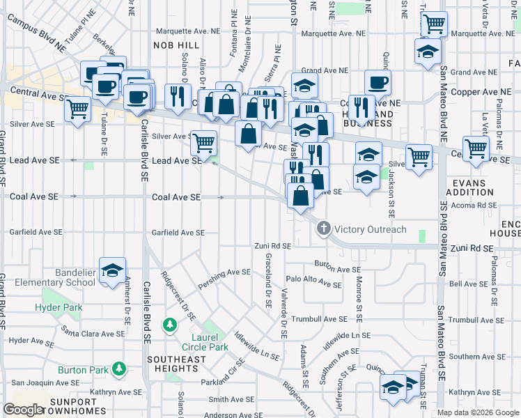 map of restaurants, bars, coffee shops, grocery stores, and more near 433 Graceland Drive Southeast in Albuquerque