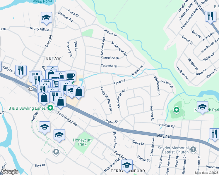 map of restaurants, bars, coffee shops, grocery stores, and more near 1807 Lyon Road in Fayetteville