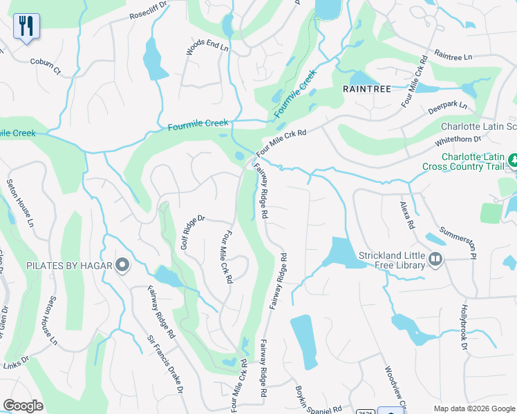 map of restaurants, bars, coffee shops, grocery stores, and more near 9242 Fairway Ridge Road in Charlotte