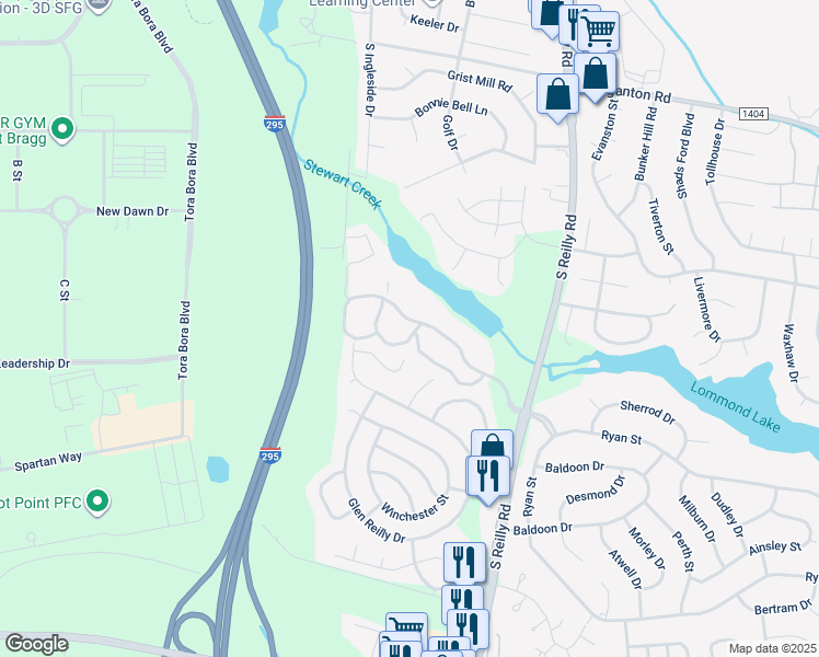 map of restaurants, bars, coffee shops, grocery stores, and more near 1000 Wood Creek Drive in Fayetteville