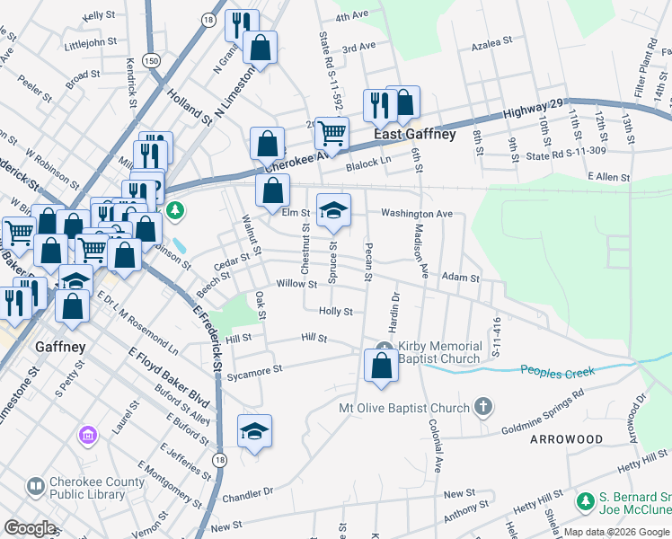 map of restaurants, bars, coffee shops, grocery stores, and more near 800 Beech Street in Gaffney