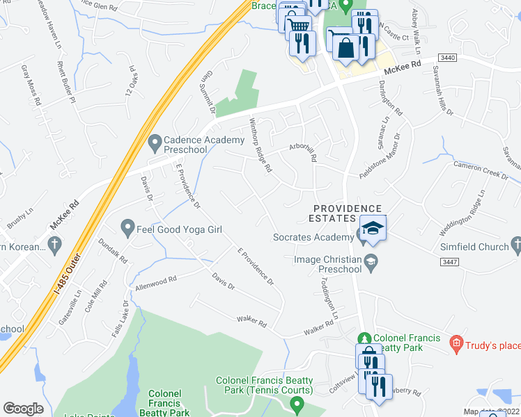 map of restaurants, bars, coffee shops, grocery stores, and more near 3624 Manor House Drive in Charlotte