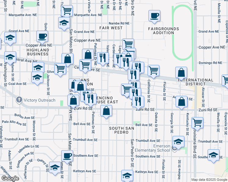 map of restaurants, bars, coffee shops, grocery stores, and more near 300 Valencia Drive Southeast in Albuquerque