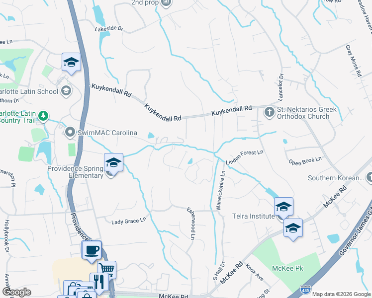 map of restaurants, bars, coffee shops, grocery stores, and more near 4600 Country Lane in Charlotte