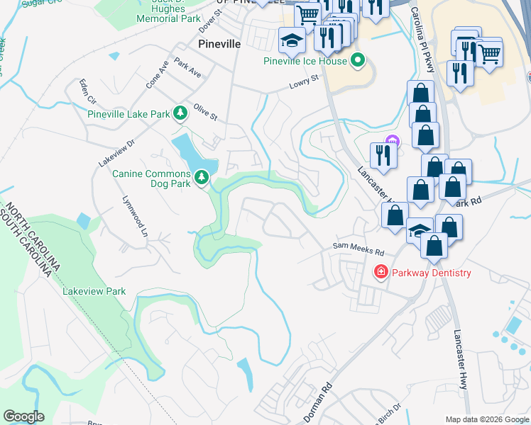 map of restaurants, bars, coffee shops, grocery stores, and more near 12062 Stratfield Place Circle in Pineville
