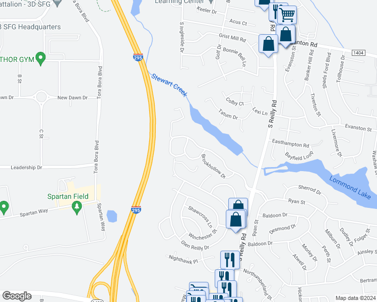 map of restaurants, bars, coffee shops, grocery stores, and more near 1014 Wood Creek Drive in Fayetteville