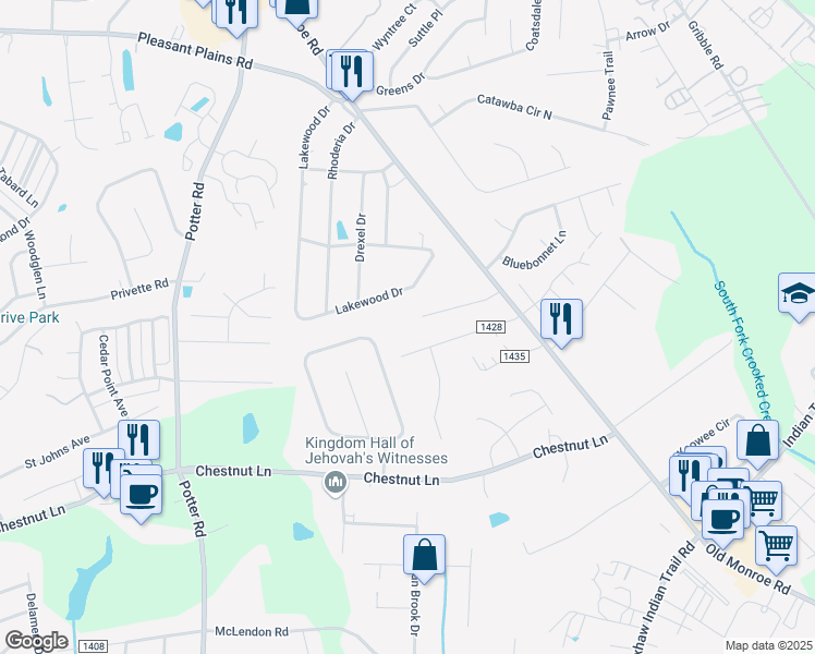 map of restaurants, bars, coffee shops, grocery stores, and more near 5167 Poplar Glen Drive in Matthews