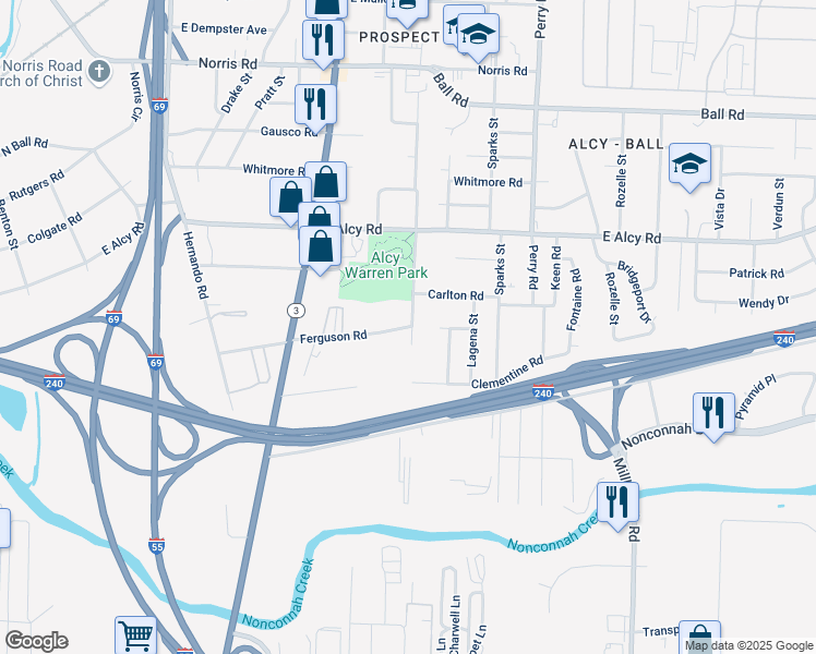 map of restaurants, bars, coffee shops, grocery stores, and more near 1391 Ferguson Road in Memphis