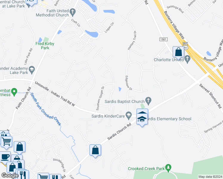 map of restaurants, bars, coffee shops, grocery stores, and more near 3501 Braefield Drive in Indian Trail