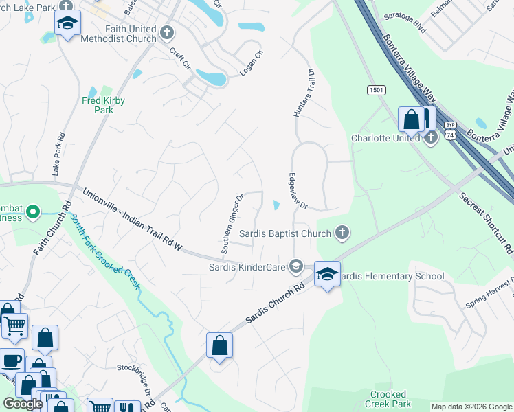 map of restaurants, bars, coffee shops, grocery stores, and more near 3418 Braefield Drive in Indian Trail