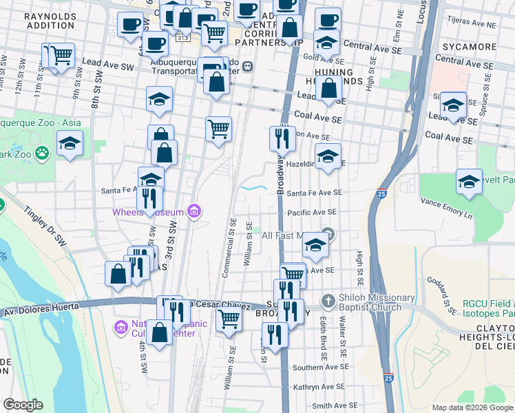 map of restaurants, bars, coffee shops, grocery stores, and more near 824 John Street Southeast in Albuquerque