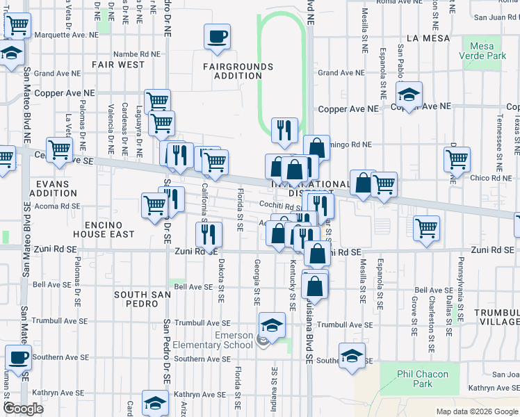 map of restaurants, bars, coffee shops, grocery stores, and more near 6725 Acoma Road Southeast in Albuquerque