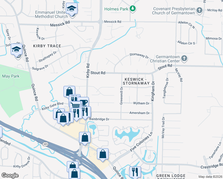 map of restaurants, bars, coffee shops, grocery stores, and more near 6710 Kirby Oaks Lane in Memphis