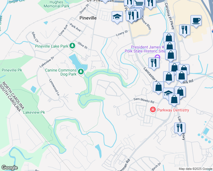 map of restaurants, bars, coffee shops, grocery stores, and more near 12069 Stratfield Place Circle in Pineville