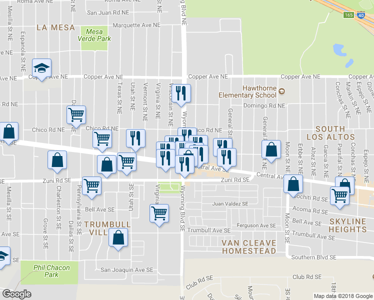 map of restaurants, bars, coffee shops, grocery stores, and more near 114 Wyoming Boulevard Northeast in Albuquerque