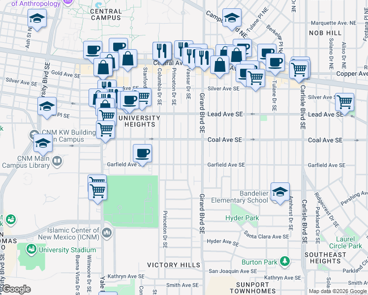 map of restaurants, bars, coffee shops, grocery stores, and more near 414 Princeton Drive Southeast in Albuquerque