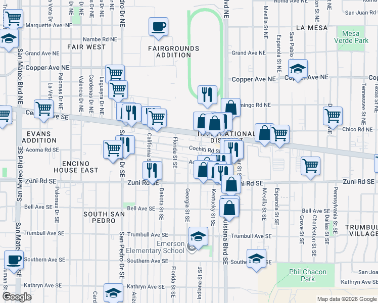 map of restaurants, bars, coffee shops, grocery stores, and more near 6725 Acoma Road Southeast in Albuquerque