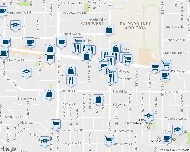 map of restaurants, bars, coffee shops, grocery stores, and more near 300 Valencia Drive Southeast in Albuquerque