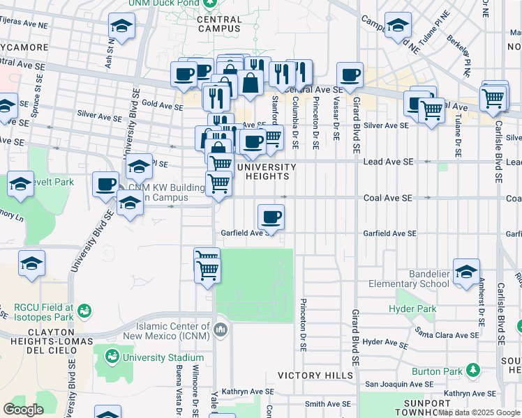 map of restaurants, bars, coffee shops, grocery stores, and more near 415 Stanford Drive Southeast in Albuquerque
