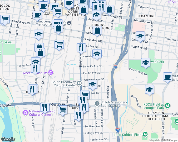 map of restaurants, bars, coffee shops, grocery stores, and more near 422 Pacific Avenue Southeast in Albuquerque