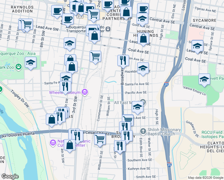 map of restaurants, bars, coffee shops, grocery stores, and more near 824 John Street Southeast in Albuquerque