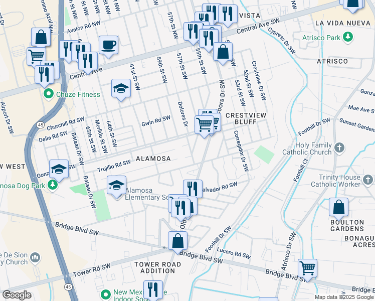 map of restaurants, bars, coffee shops, grocery stores, and more near 663 Dolores Drive Southwest in Albuquerque