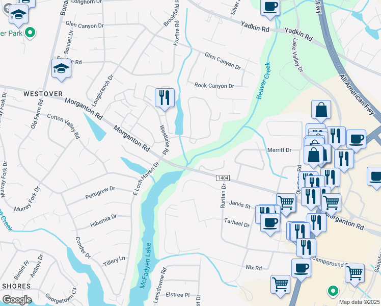 map of restaurants, bars, coffee shops, grocery stores, and more near 349 Waterdown Drive in Fayetteville