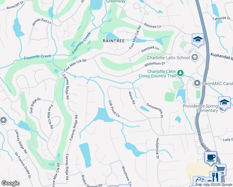 map of restaurants, bars, coffee shops, grocery stores, and more near 10620 Oak Pond Circle in Charlotte