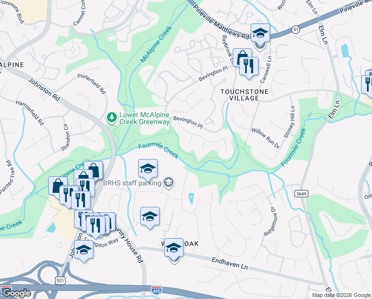map of restaurants, bars, coffee shops, grocery stores, and more near 6741 Bevington Brook Lane in Charlotte