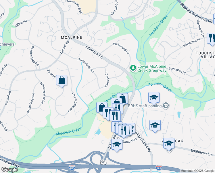 map of restaurants, bars, coffee shops, grocery stores, and more near 12007 Johnston Road in Charlotte