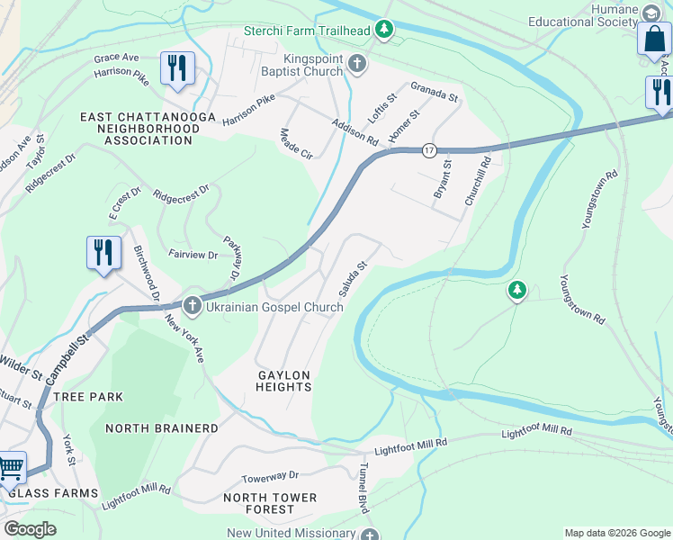 map of restaurants, bars, coffee shops, grocery stores, and more near 3736 Wauchula Street in Chattanooga