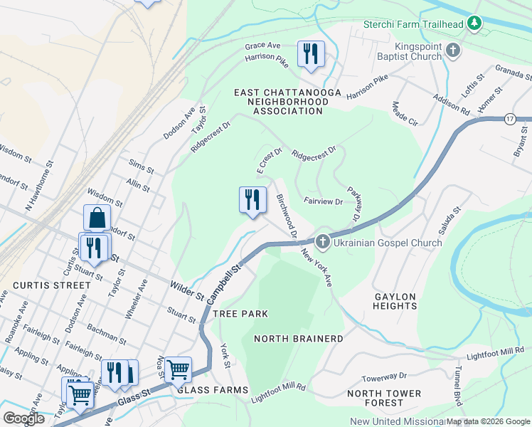 map of restaurants, bars, coffee shops, grocery stores, and more near 3411 Vinewood Drive in Chattanooga