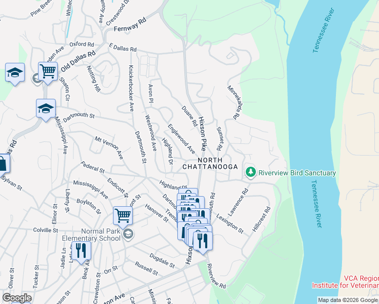 map of restaurants, bars, coffee shops, grocery stores, and more near 1217 Westwood Avenue in Chattanooga