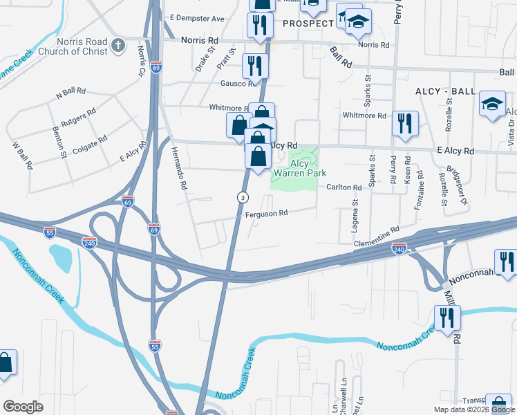 map of restaurants, bars, coffee shops, grocery stores, and more near 1311 Ferguson Road in Memphis
