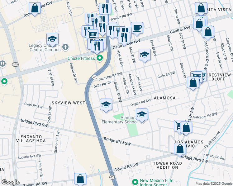 map of restaurants, bars, coffee shops, grocery stores, and more near 417 Bataan Drive Southwest in Albuquerque