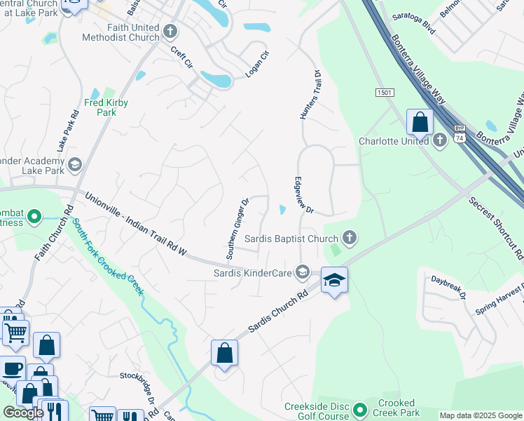 map of restaurants, bars, coffee shops, grocery stores, and more near 3501 Braefield Drive in Indian Trail