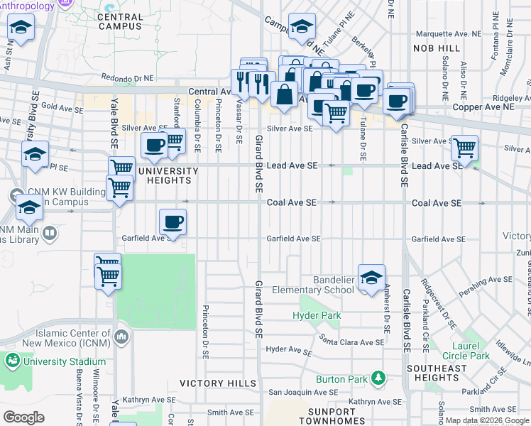 map of restaurants, bars, coffee shops, grocery stores, and more near 413 Dartmouth Drive Southeast in Albuquerque